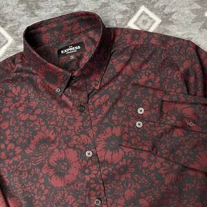 Express Performance Slim Floral Shirt Mens M 15-15.5 Burgundy Black Button Down